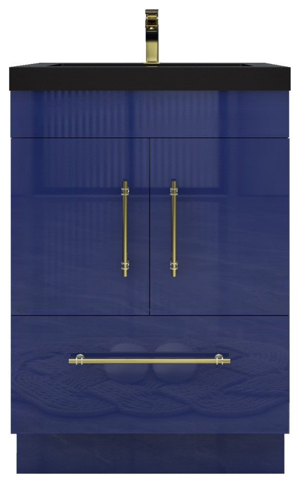 Rosa 24" Free Standing Modern Vanity, High Gloss Night Blue, Matt Black Top
