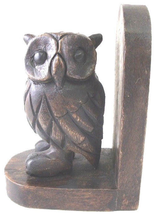 Carved Owl Stained Wooden Bookends Library Desk Shelf Decor