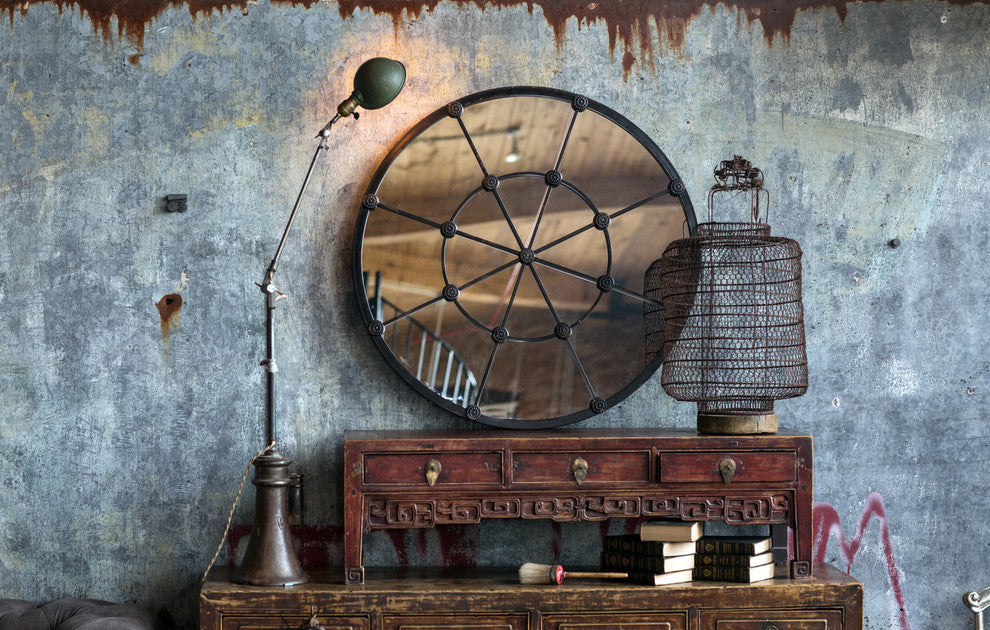 Distressed Round Cast Iron Mirror With Rosettes