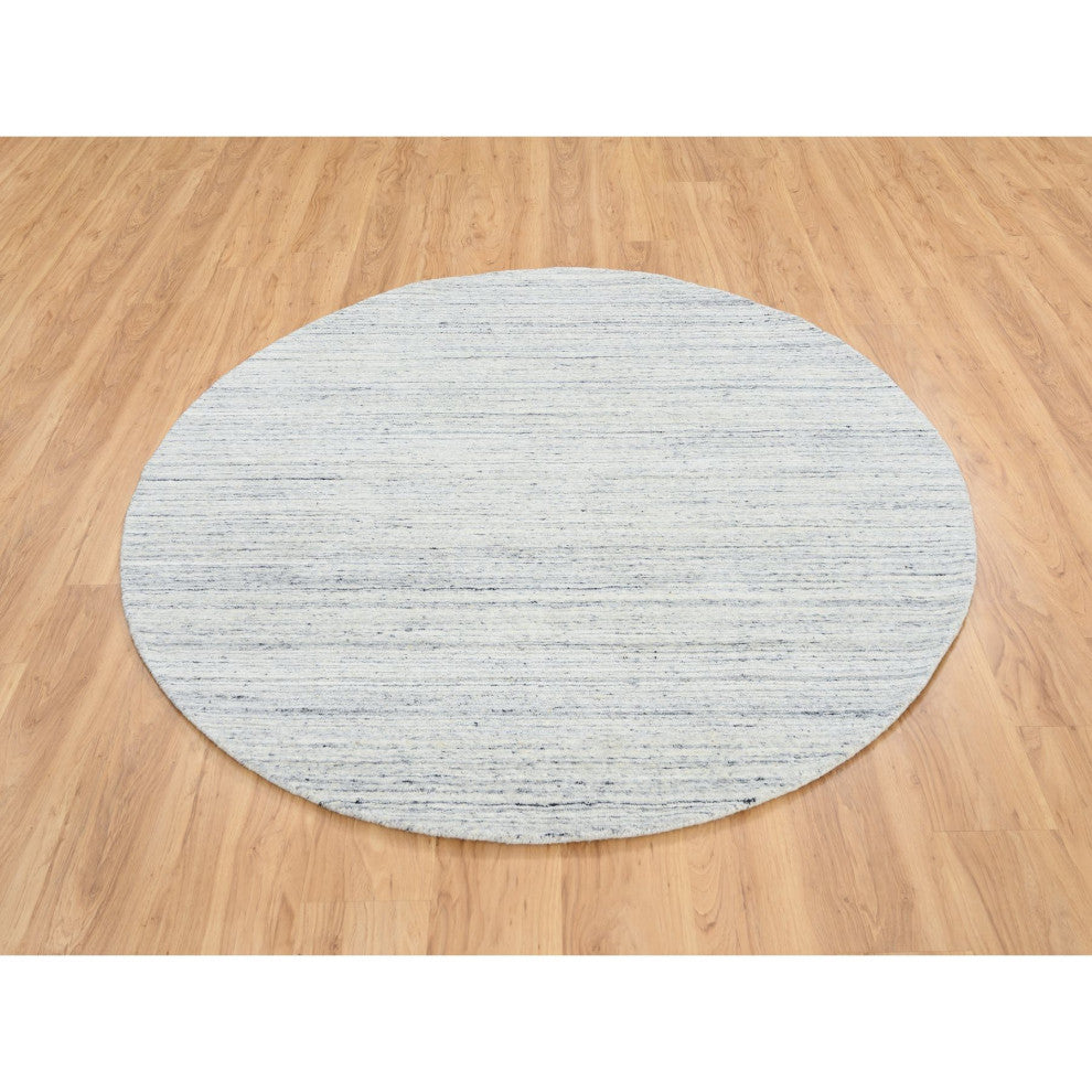 Ivory Plain Modern Striped Design Soft Wool Hand Loomed Round Rug, 6'0"x6'0"