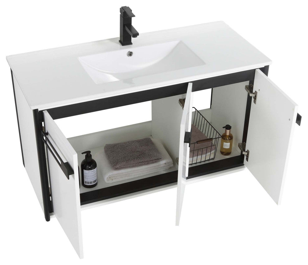 Oakville Wall Mount Bathroom Vanity, White Matte, 42", Black Hardware