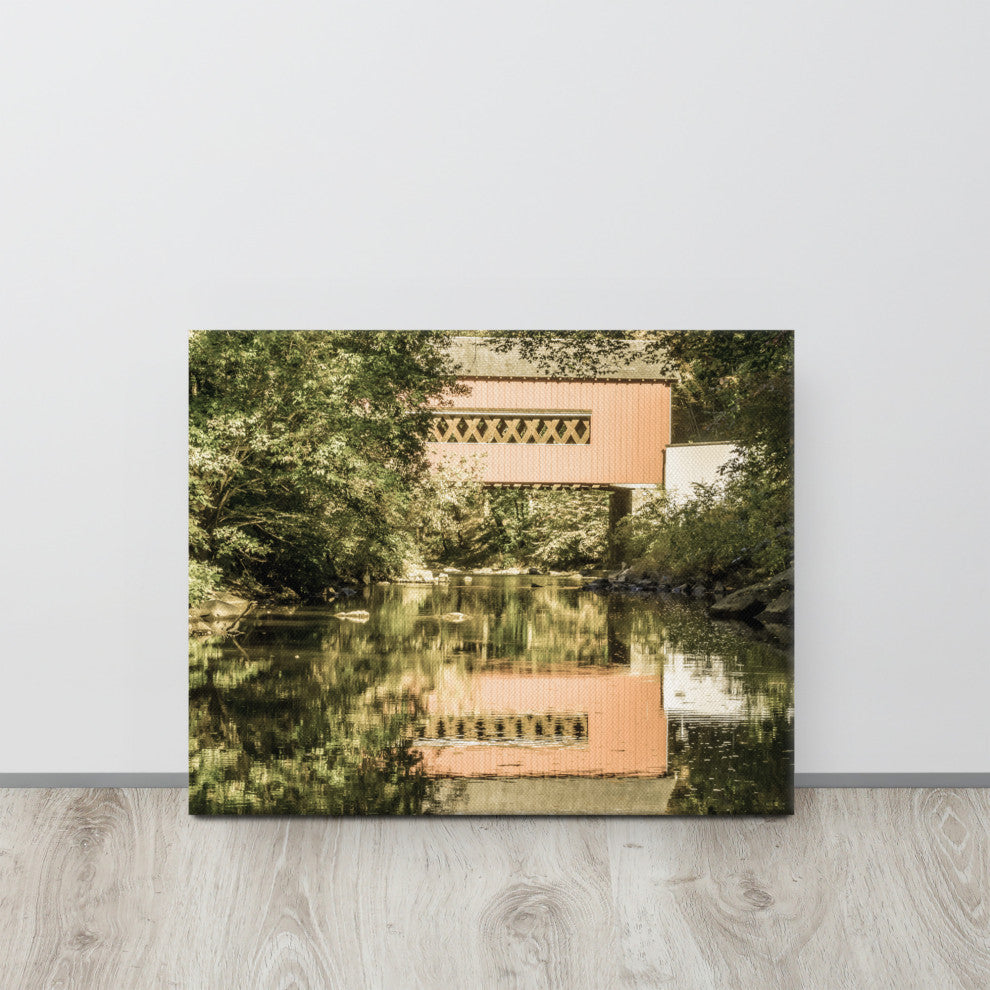 The Reflection of Wooddale Covered Bridge Aged Canvas Wall Art Print, 16" X 20"