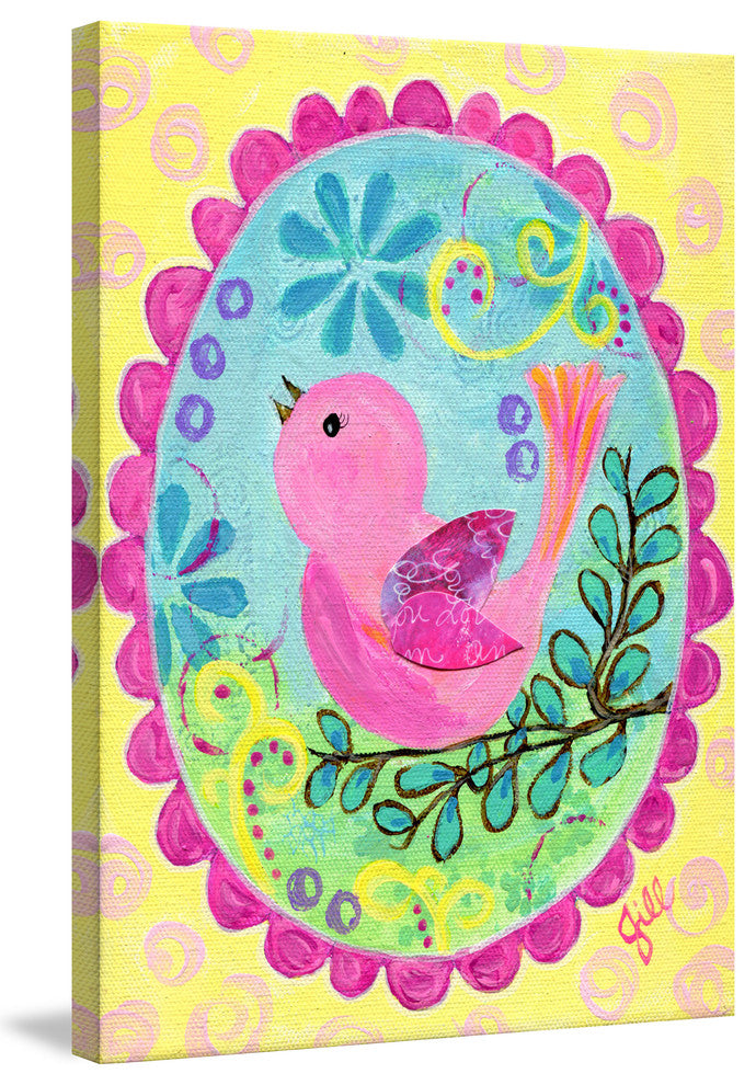 "Pink Bird Sings" Painting Print on Wrapped Canvas