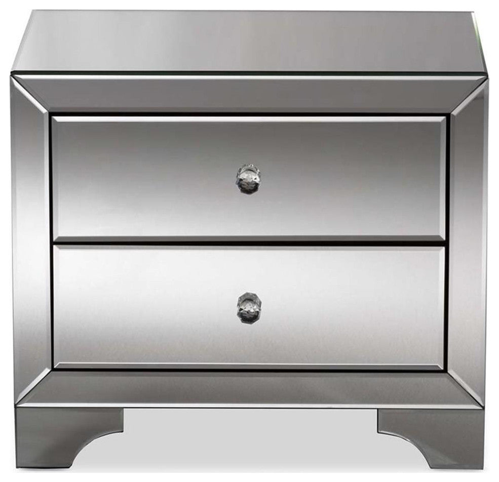 Hawthorne Collection Mirrored 2 Drawer Nightstand in Silver