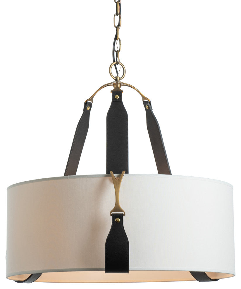 Saratoga Small Pendant, Antique Brass, Black Leather, Natural Anna Shade