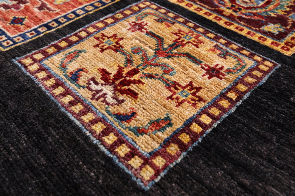 2' 8" X 6' 7" Handmade Black Persian Garden Design Wool Runner Rug Q10685