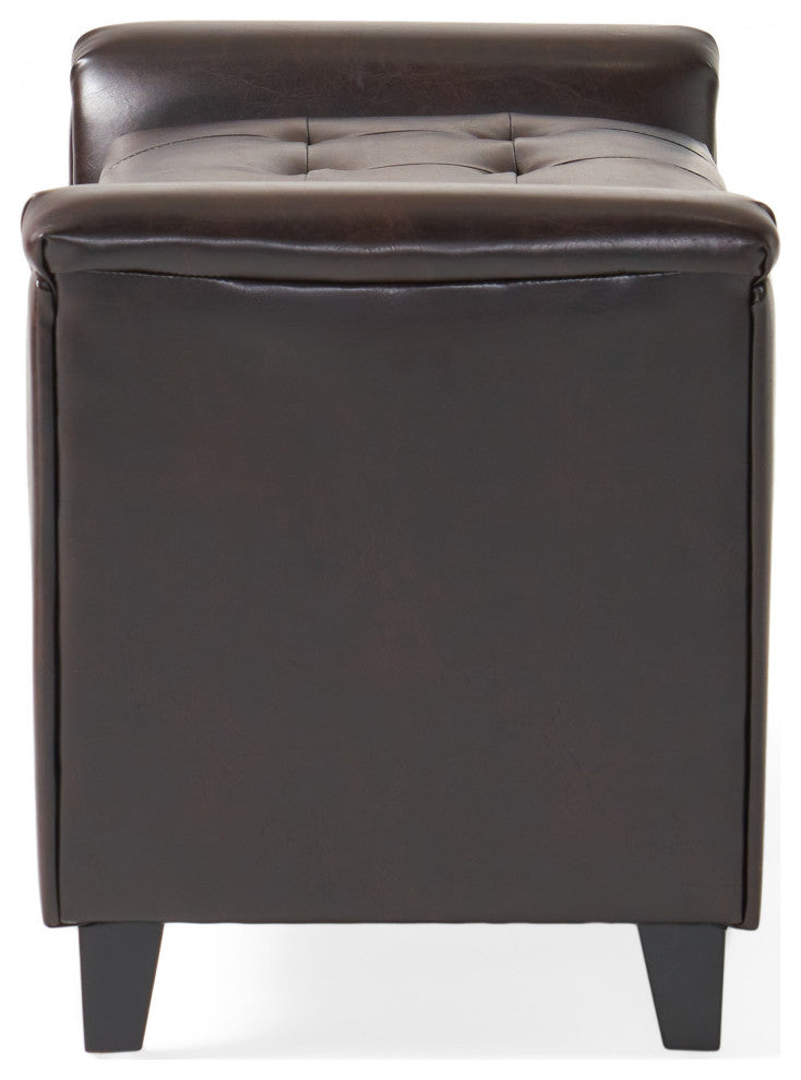 GDF Studio Arthur Armed Storage Ottoman Bench, Tufted Seat, Brown Leather