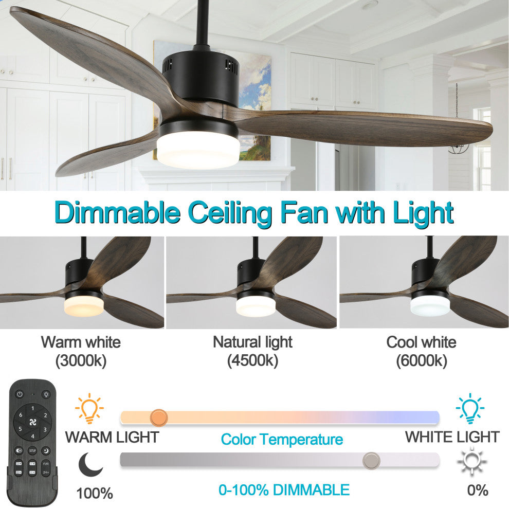52" Solid Wood Ceiling Fan With Remote Control and Light Kit