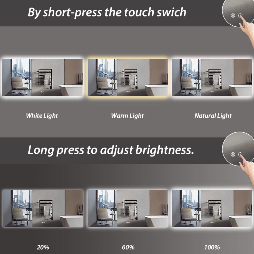 Backlit 3-Color LED Mirror for Bathroom, Anti-Fog Dimmable, 60x28