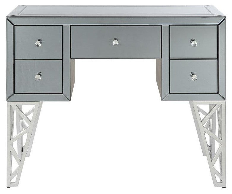 Five Drawer Console Table With Geometric Cut-Out Metal Legs, Silver