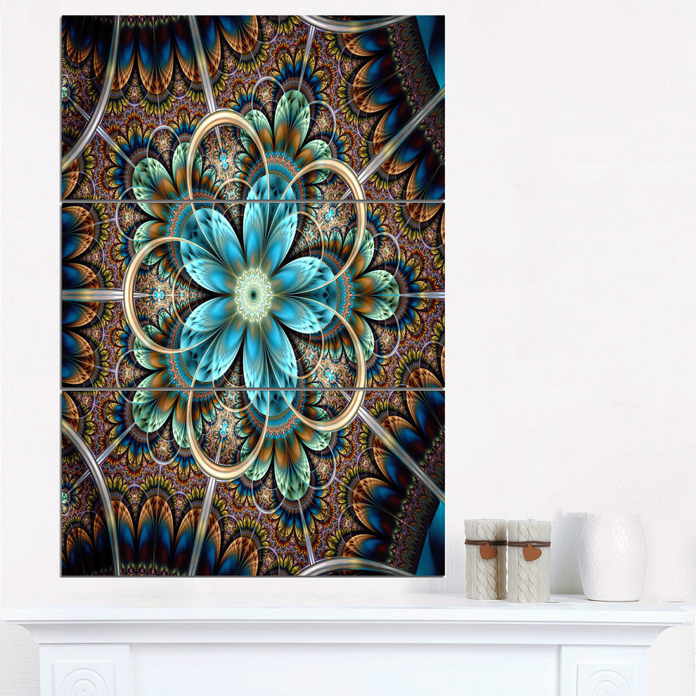 "Large Brown Blue Fractal Flower" Metal Wall Art, 3 Panels, 28"x36"
