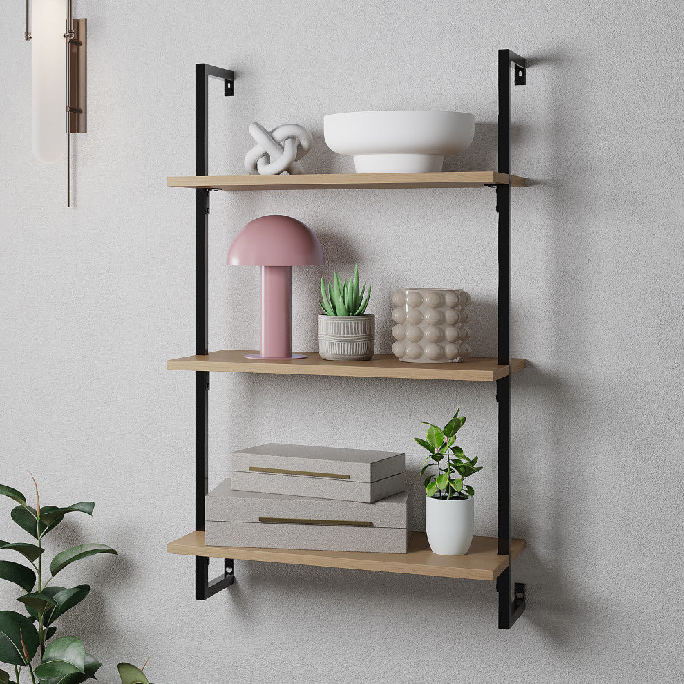 Madera Industrial 3-Shelf Wood Wall-Mounted Open Ladder Bookcase, Metal Frame