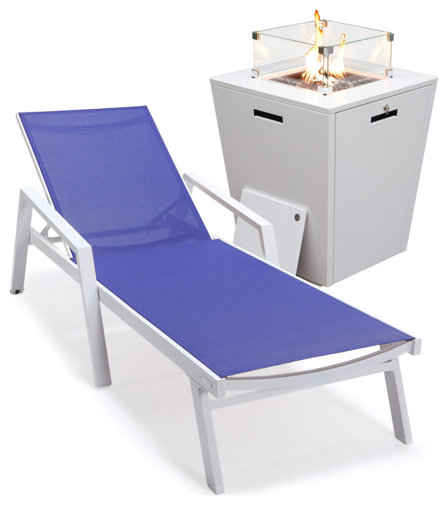 LeisureMod Marlin Chaise Lounge Chair With Arms and Fire Pit Table, Navy Blue