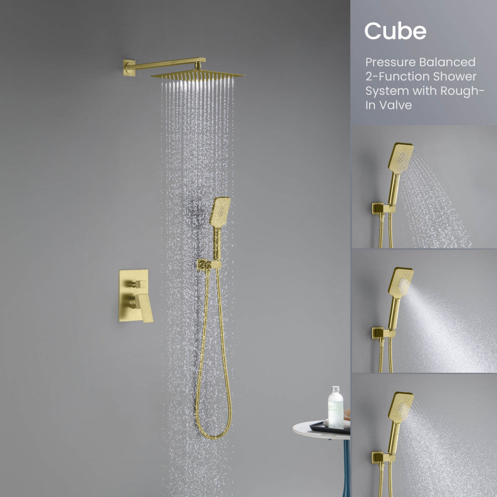 Cube Pressure 2-Function Shower System, Rough-In Valve, Brushed Gold