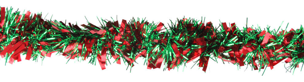 50' Festive Shiny Red and Green Christmas Tinsel Garland, Unlit, 6 Ply