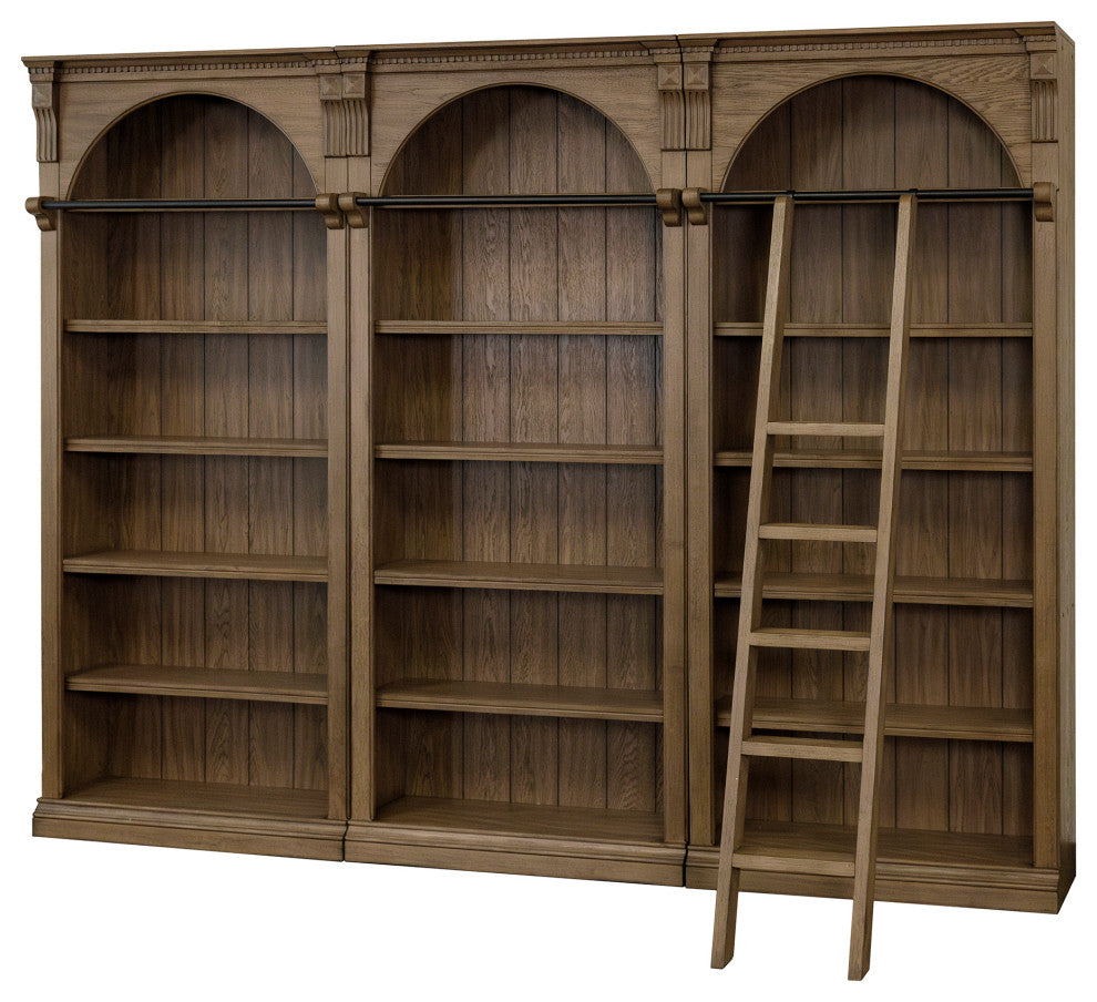 Traditional 8' Tall Bookcase Wall With Ladder, Living Room, Brown