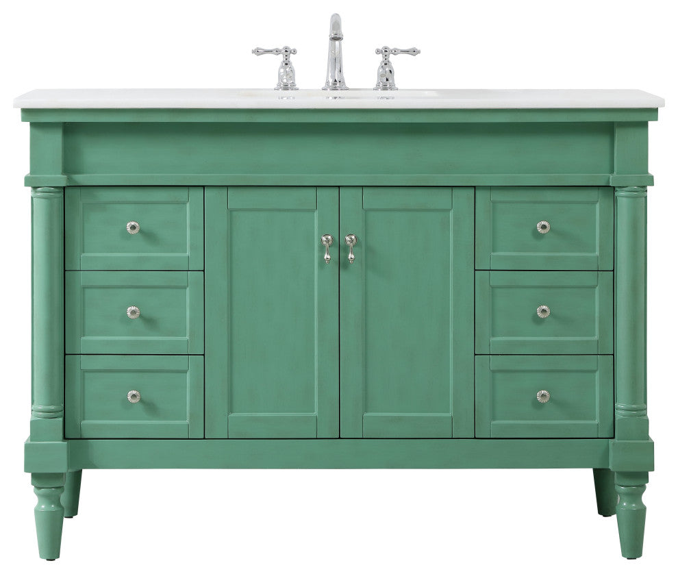 48" Single Bathroom Vanity, Vintage Mint With Ivory White Engineered Marble