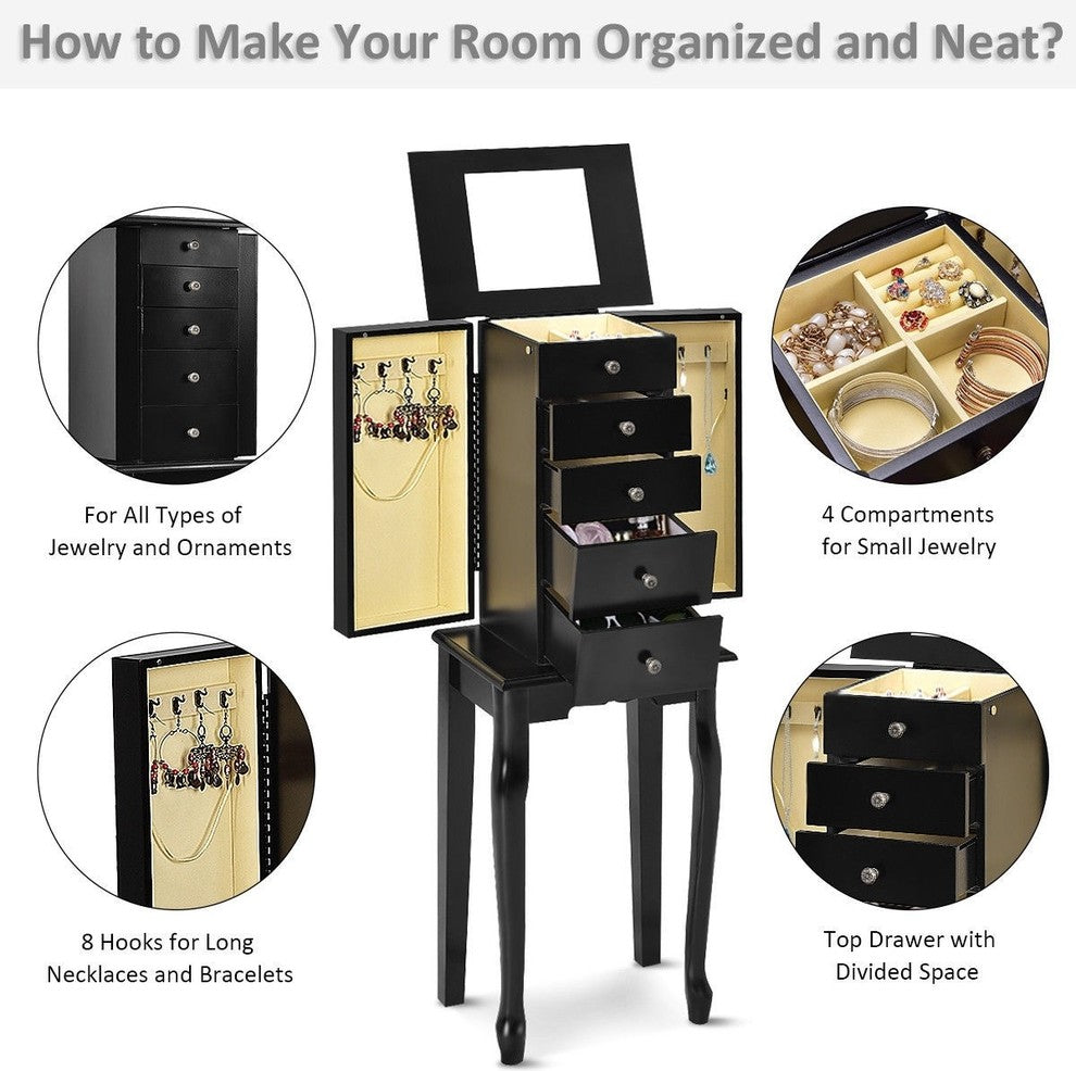 Elegant 2 Colors Armoire Storage Standing Jewelry Cabinet With Mirror