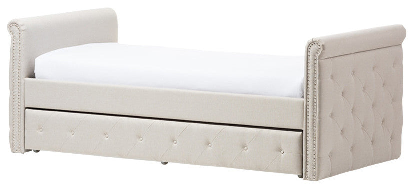 Swamson Beige Fabric Tufted Twin Size Daybed With Roll-out Trundle Guest Bed