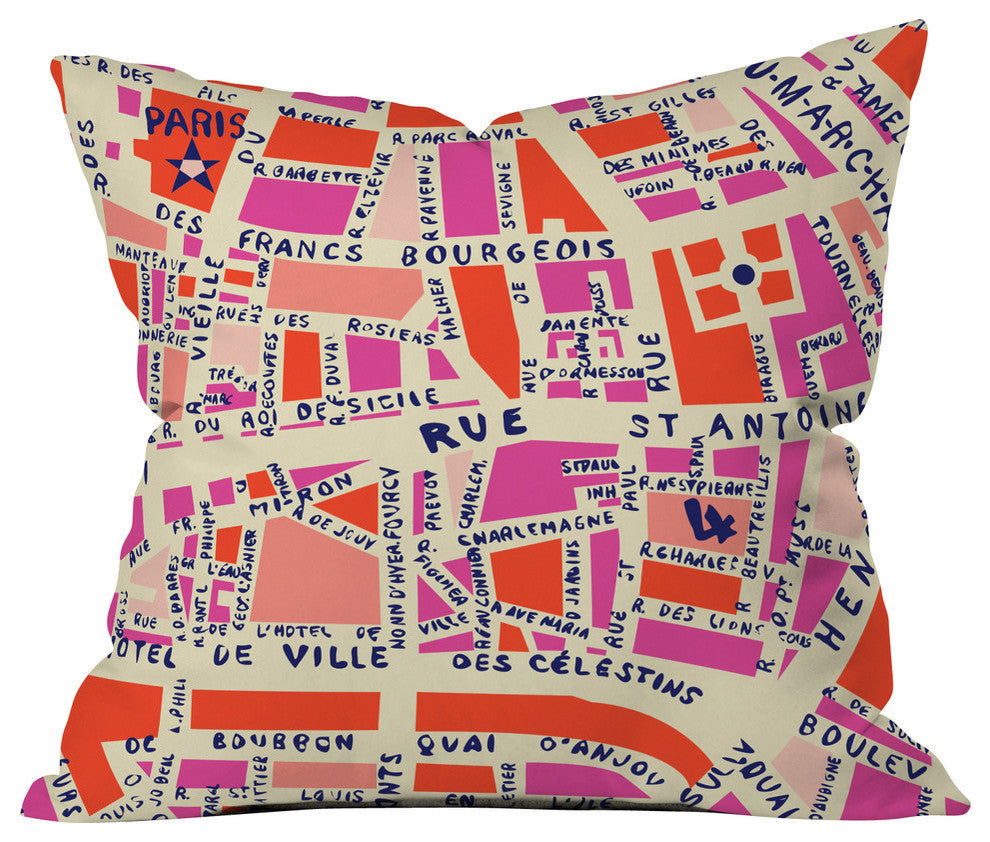 Holli Zollinger Paris Map Pink Outdoor Throw Pillow
