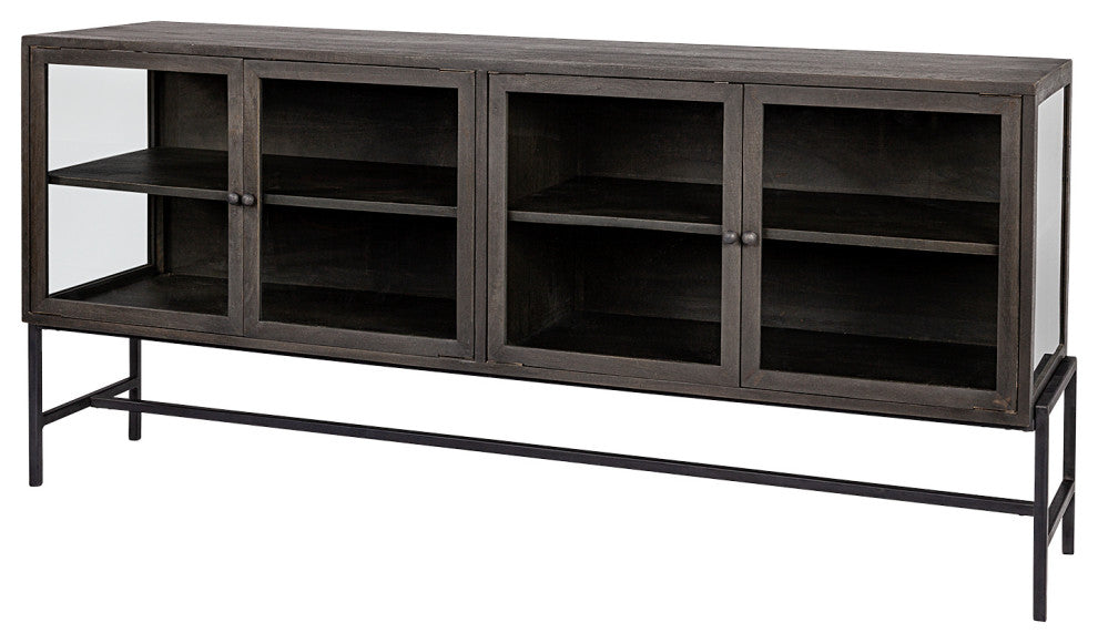 Arelius Dark Brown Solid Wood w/ Black Metal Base & Glass Doors Sideboard