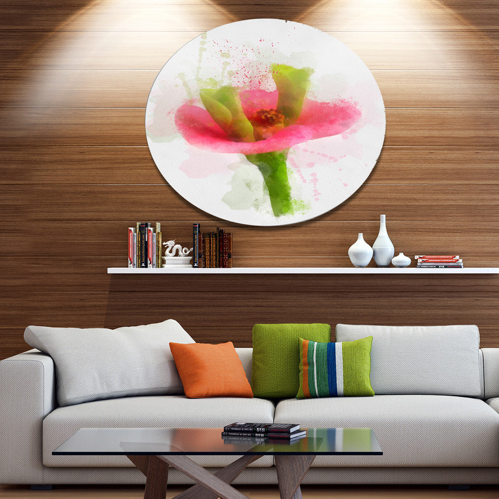 Green Red Flower Sketch Watercolor, Floral Round Metal Wall Art, 11"