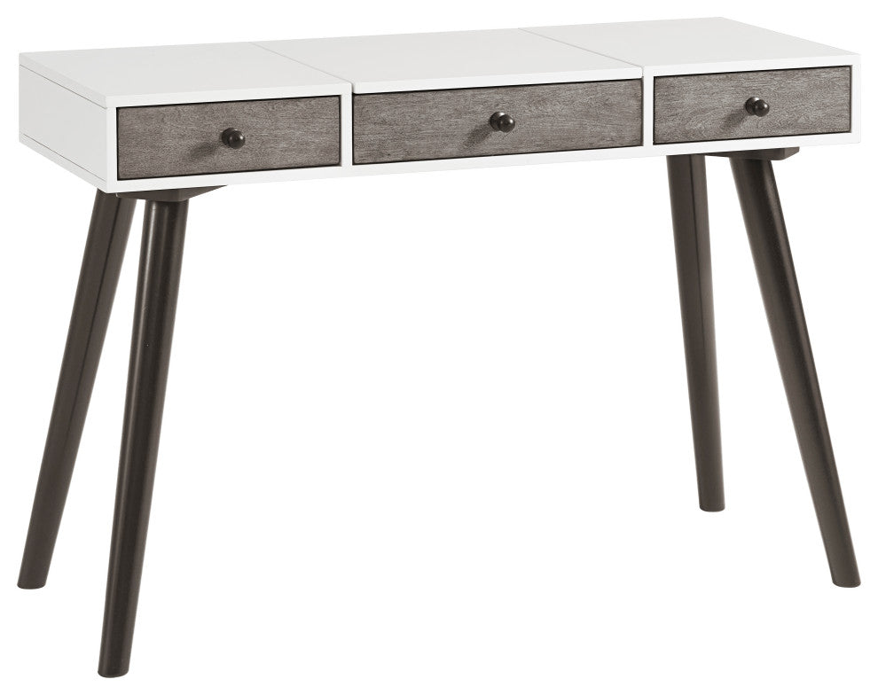 Mid-Century Modern 2-Drawer Bedroom Vanity or Desk, White, Gray, and Black