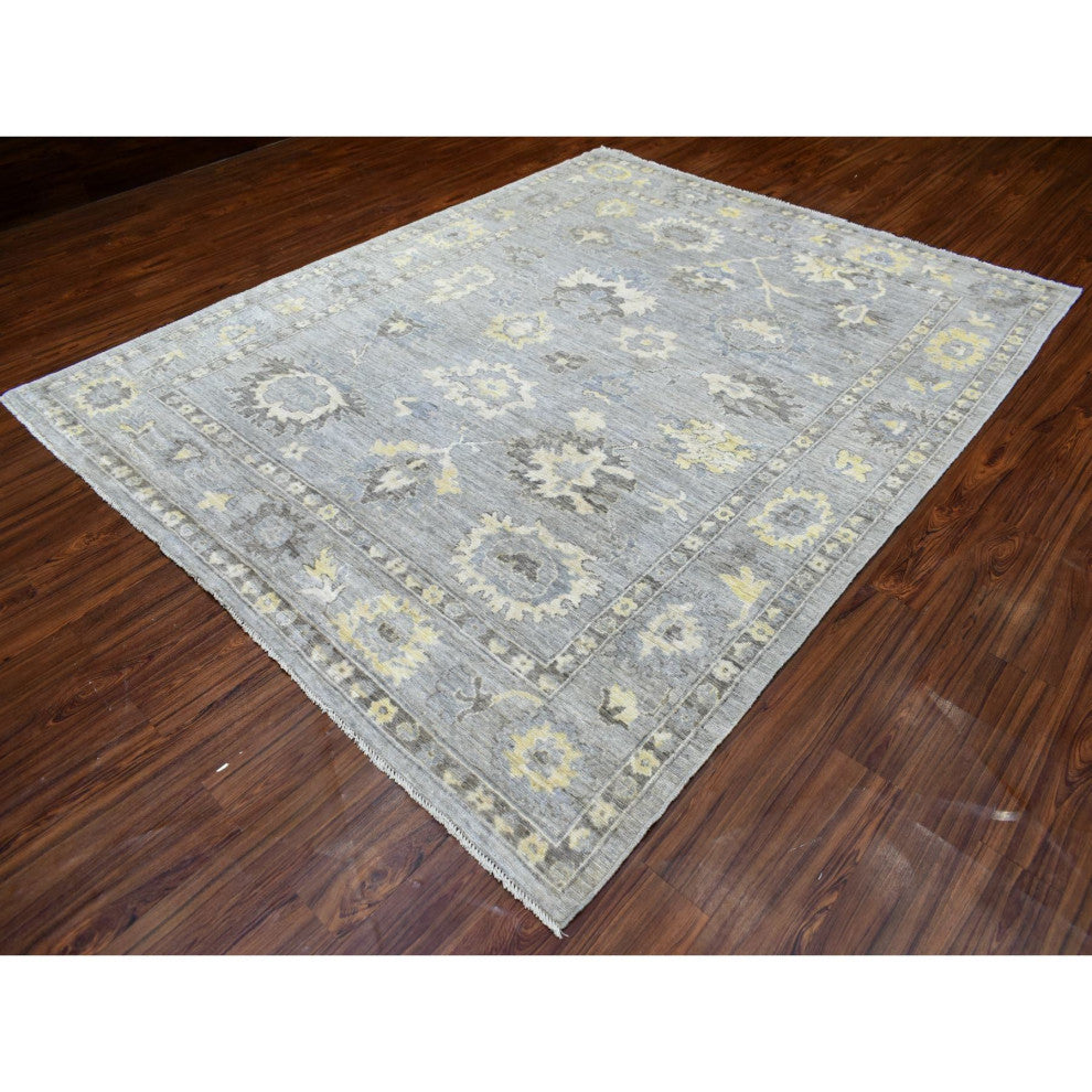 Hand Knotted, Gray, Afghan Angora Ushak and Soft Wool Oriental Rug, 8'0" x 9'10"