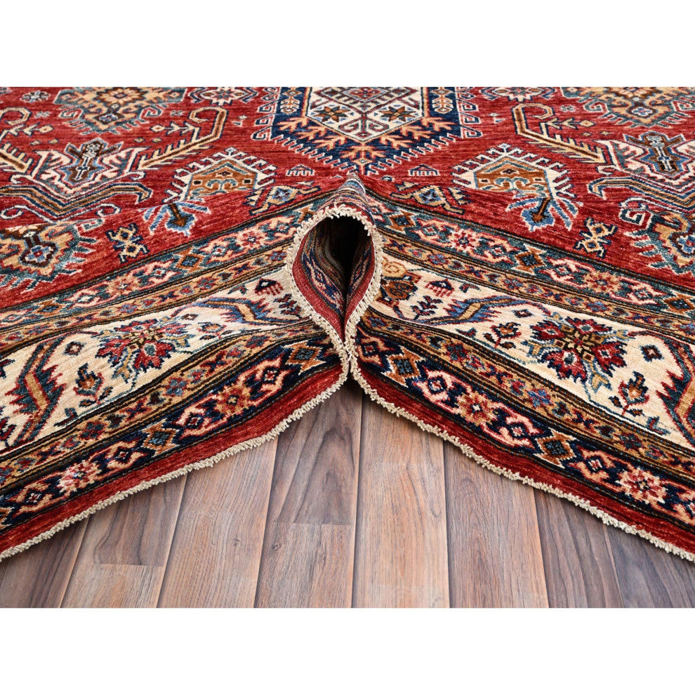 Red, 100% Wool, Afghan Super Kazak, Hand Knotted, Oriental Rug, 8'1"x10'6"