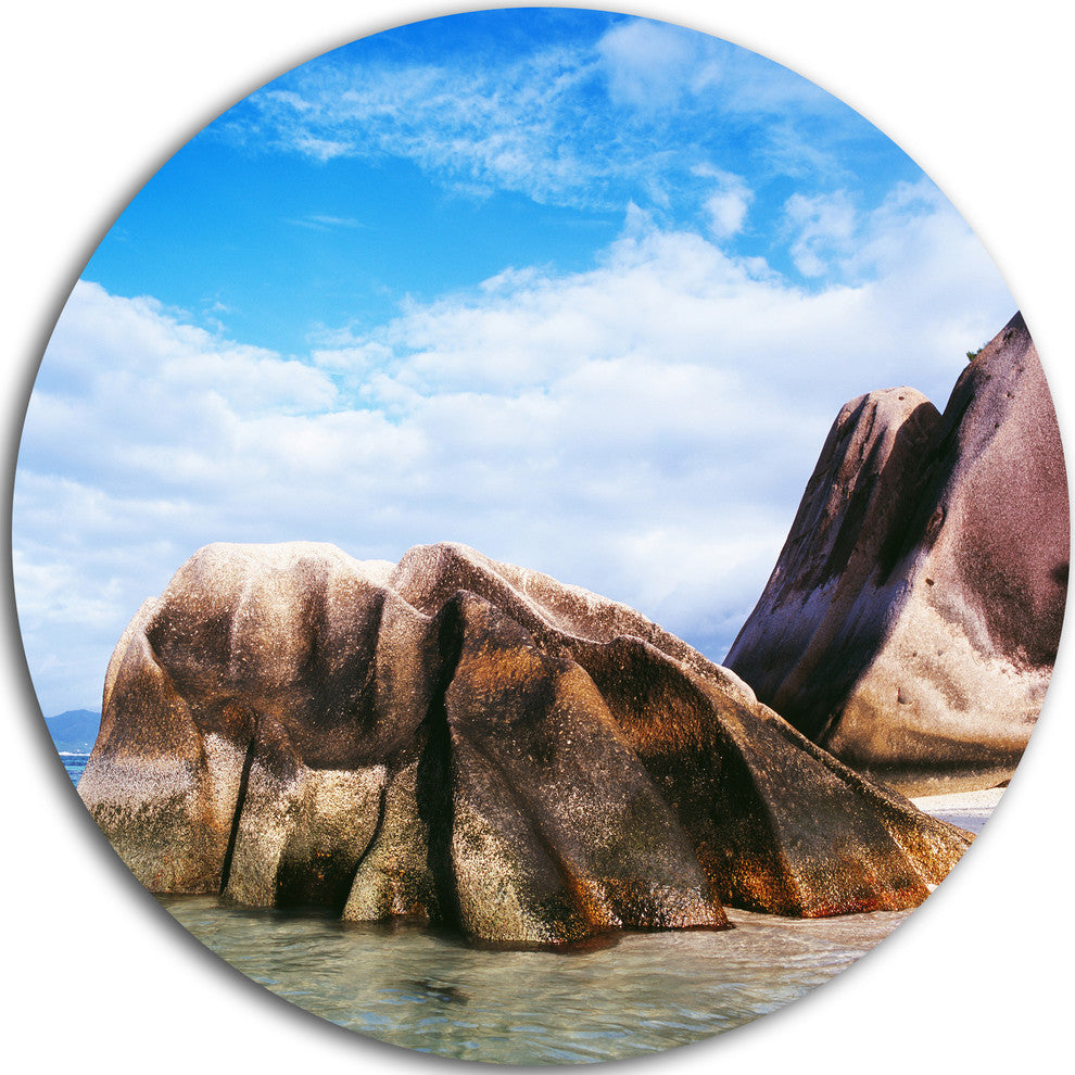 Massive Rocks In Seychelles Beach, Modern Seascape Round Wall Art, 11"