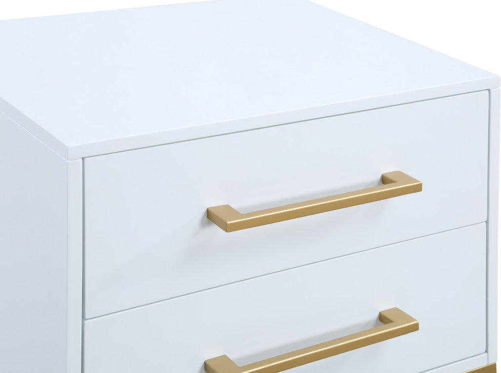 Maxine Wood Nightstand With Durable Brushed Gold Metal Base, Rich White Finish