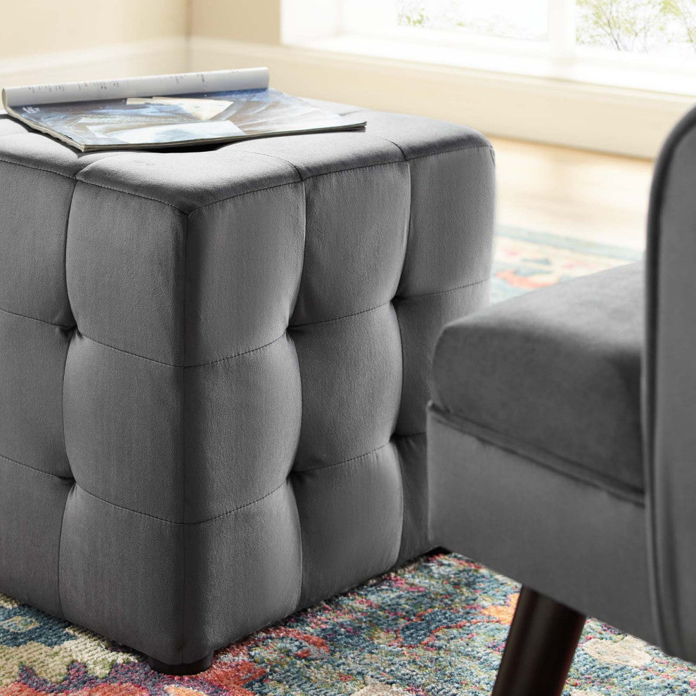 Contour Tufted Cube Performance Velvet Ottoman-Gray