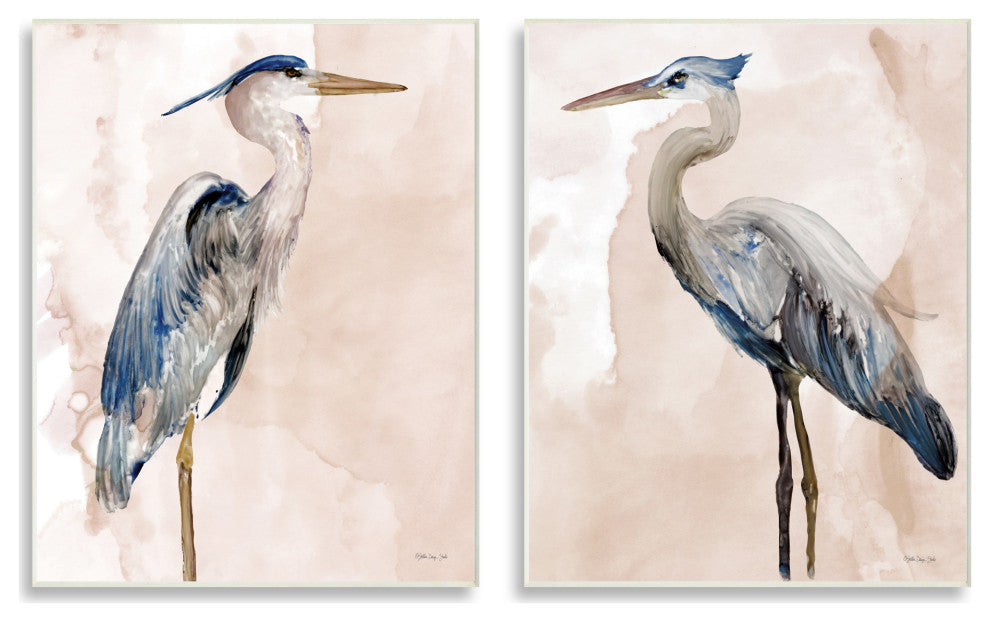 Beautiful Heron Birds Standing Watercolor Painting, 2pc, each 10 x 15