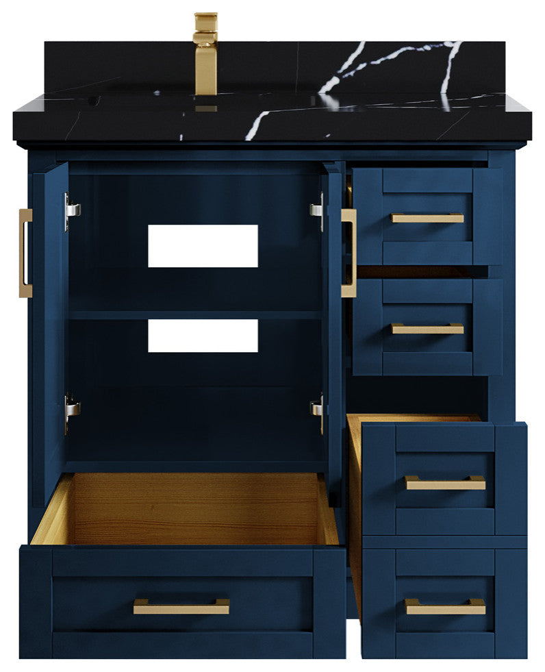 Boston 36 Left Offset Bath Vanity in Navy Blue 2" Calacatta Black