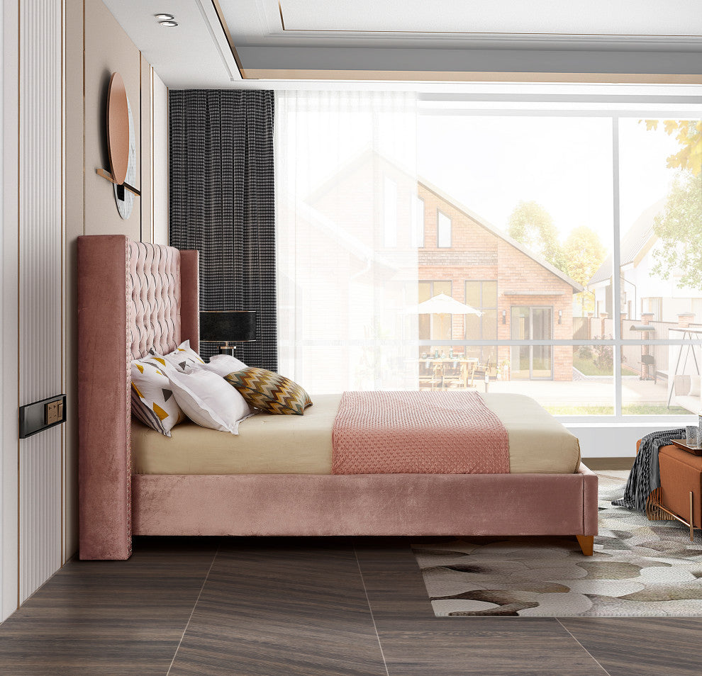 Barolo Velvet Upholstered Bed, Pink, Full