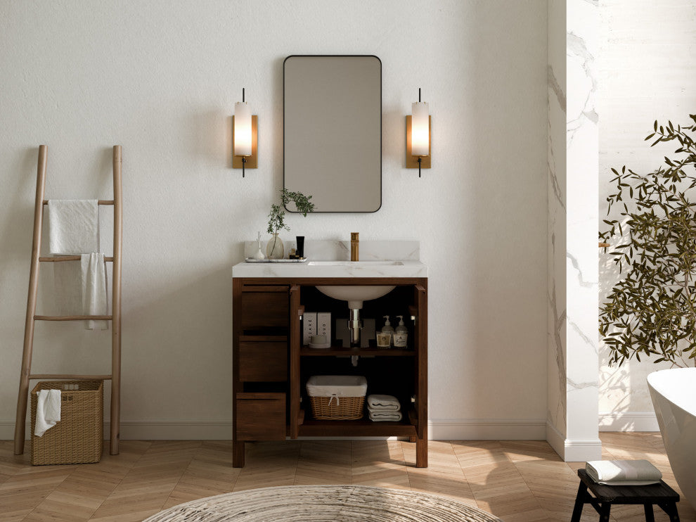 Elizabeth 36 Right Offset Bath Vanity in Dark Walnut Teak 2" Carrara Quartz