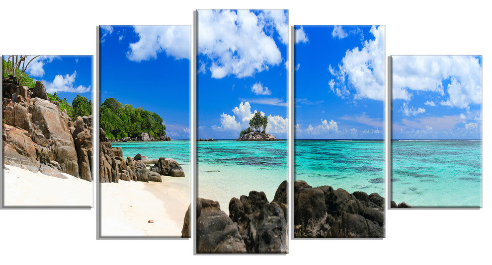 "Ideal Beach in Seychelles" Seascape Canvas Photo Print, 5 Panels, 60"x32"