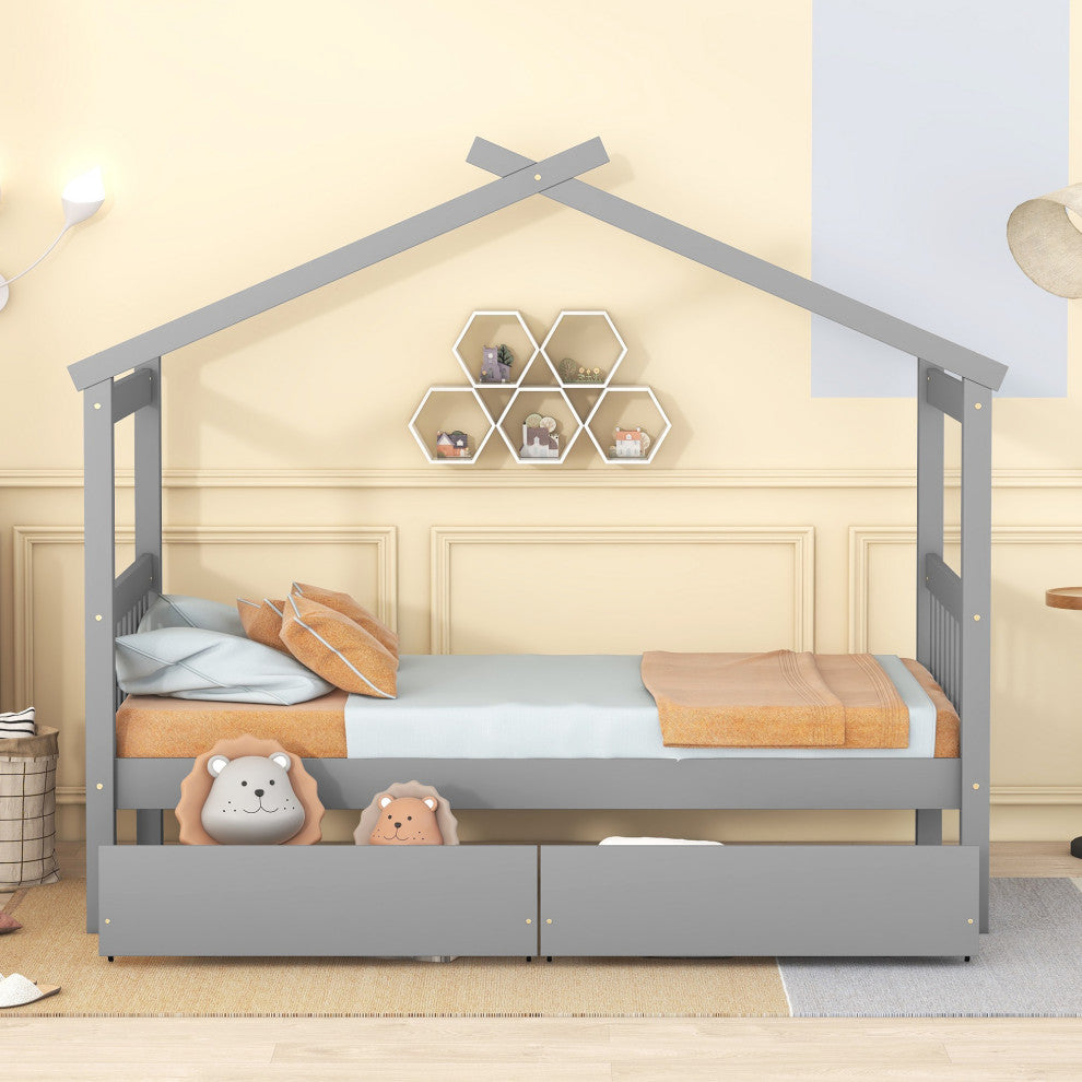 Gewnee Twin Size Wooden House Bed with Drawers, Gray