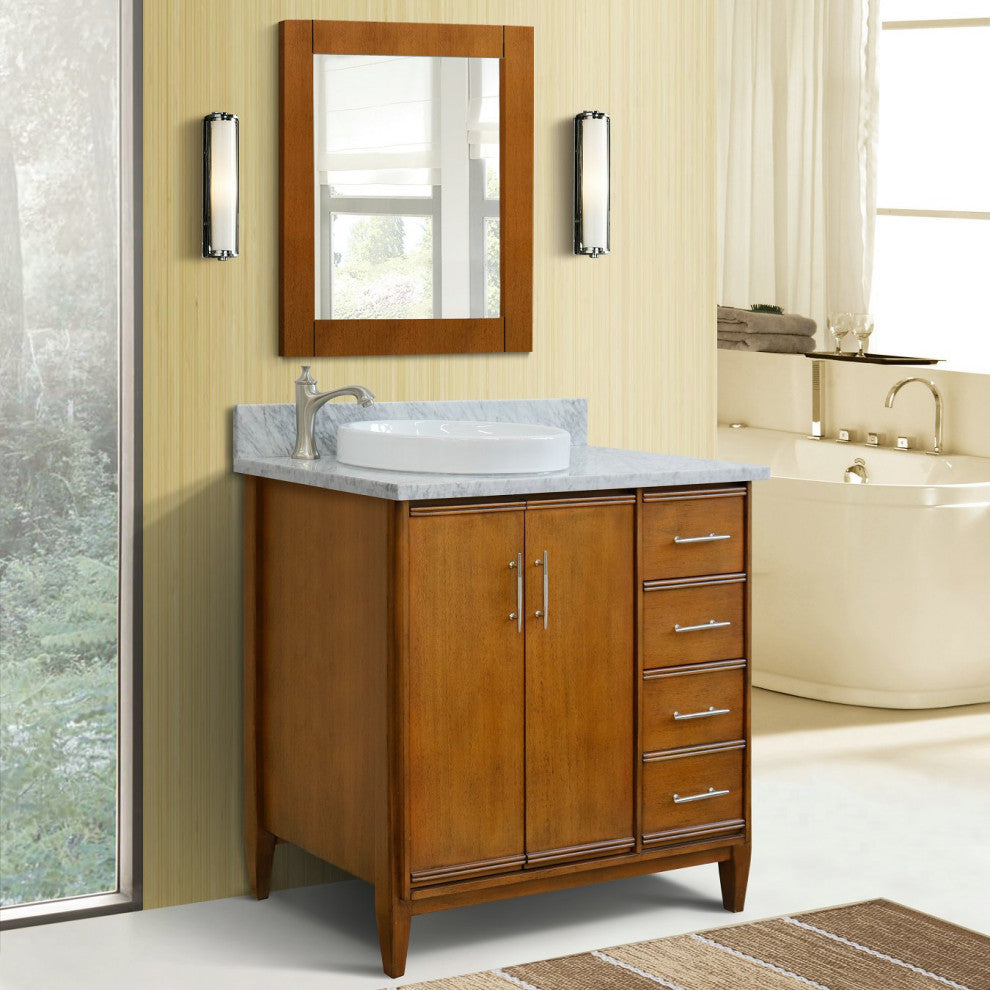 37" Single Vanity, Walnut Finish With White Carrara