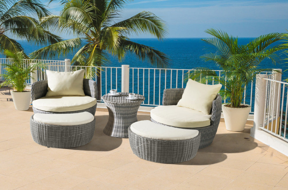 Romantic Collection outdoor furniture set, Grey Frame Beige Cushion, 2 Chair 2 Ottoman 1 End Table Set