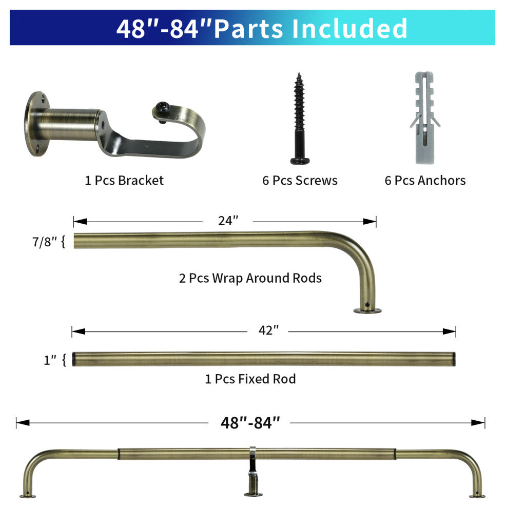 Energy Saving Wrap Around Black Out Return Adjustable Window Curtain Metal Rod, Antique Brass, 48"-84"