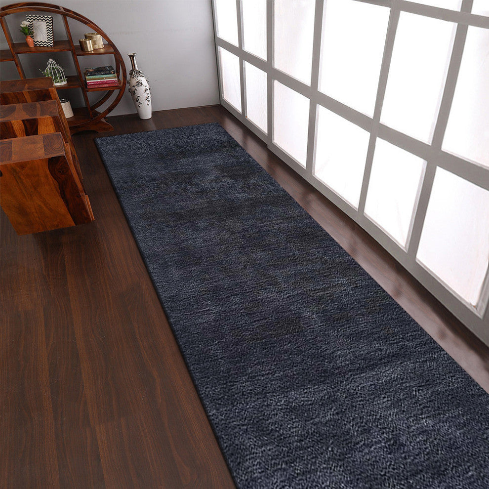 Hand Knotted Loom Silk Mix Area Rug Solid Charcoal