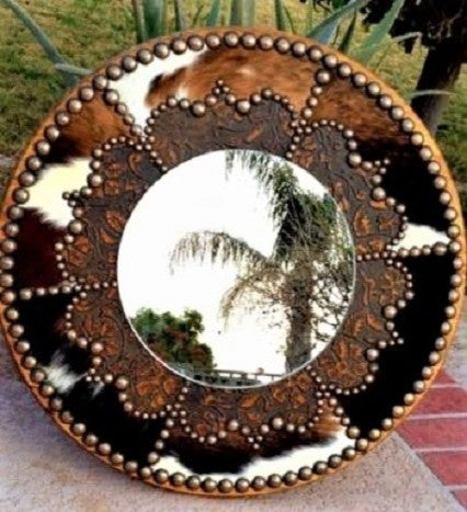 Cowhide and Leather Decorative Western Mirror, 24"