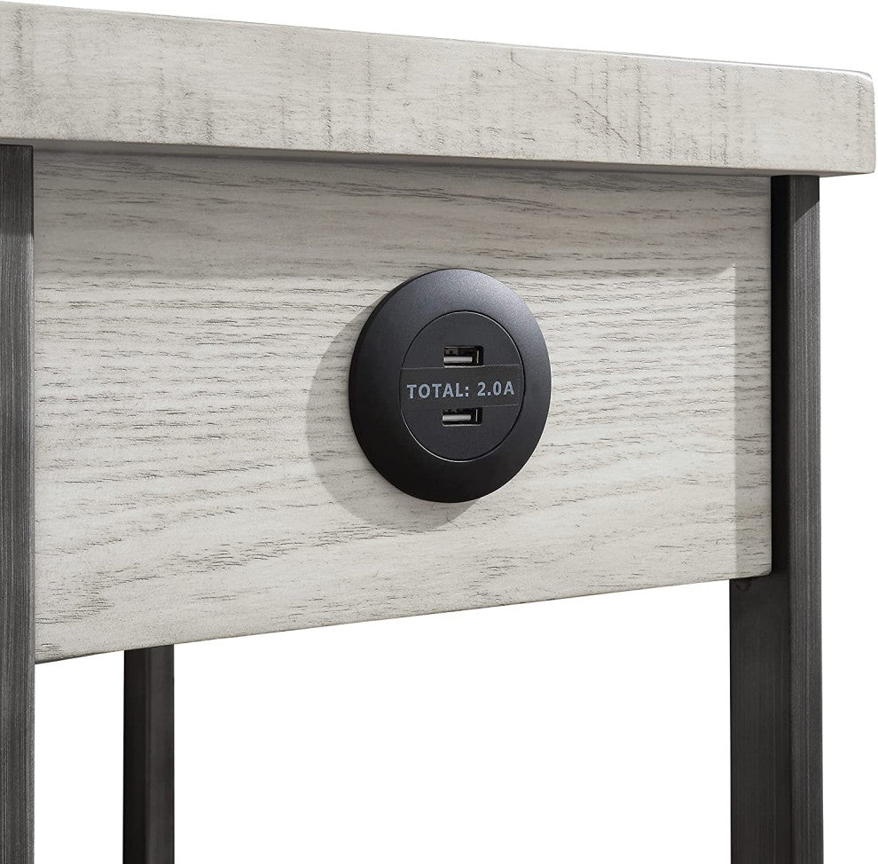 Rustic Side Table, Metal Frame With MDF Drawer & Open Lower Shelf, Antique White