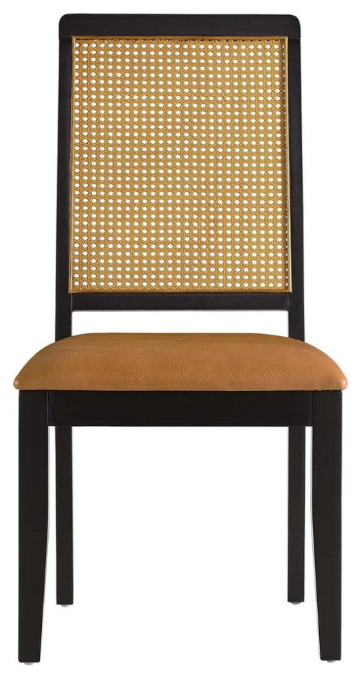 Vegan Leather Upholstered Faux Rattan and Wood Dining Side Chairs - Set of 2