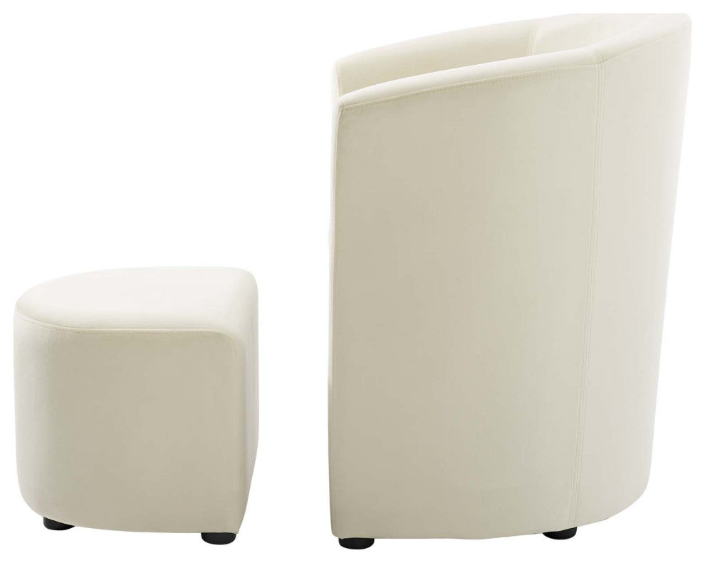 Lounge Lobby Armchair Accent Chair and Ottoman, Velvet Fabric, Ivory White
