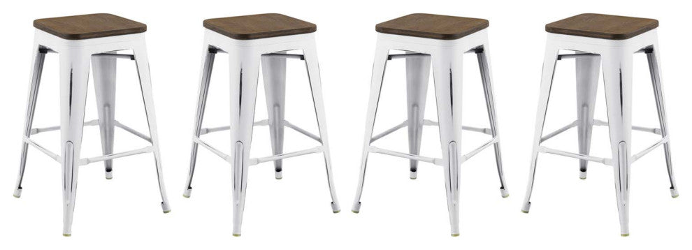 Counter Stool Chair, Set of 4, Wood, Metal, White, Modern, Bar Pub Restaurant
