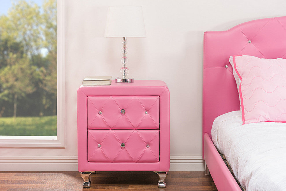 Urban Designs Stella Crystal Tufted Pink Leather Modern Nightstand