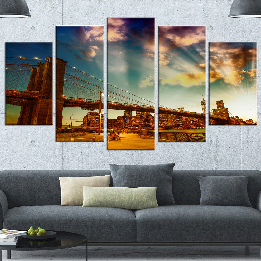 Relaxing in Brooklyn Bridge Park, Cityscape Canvas Print, 60"x32", 5 Panels