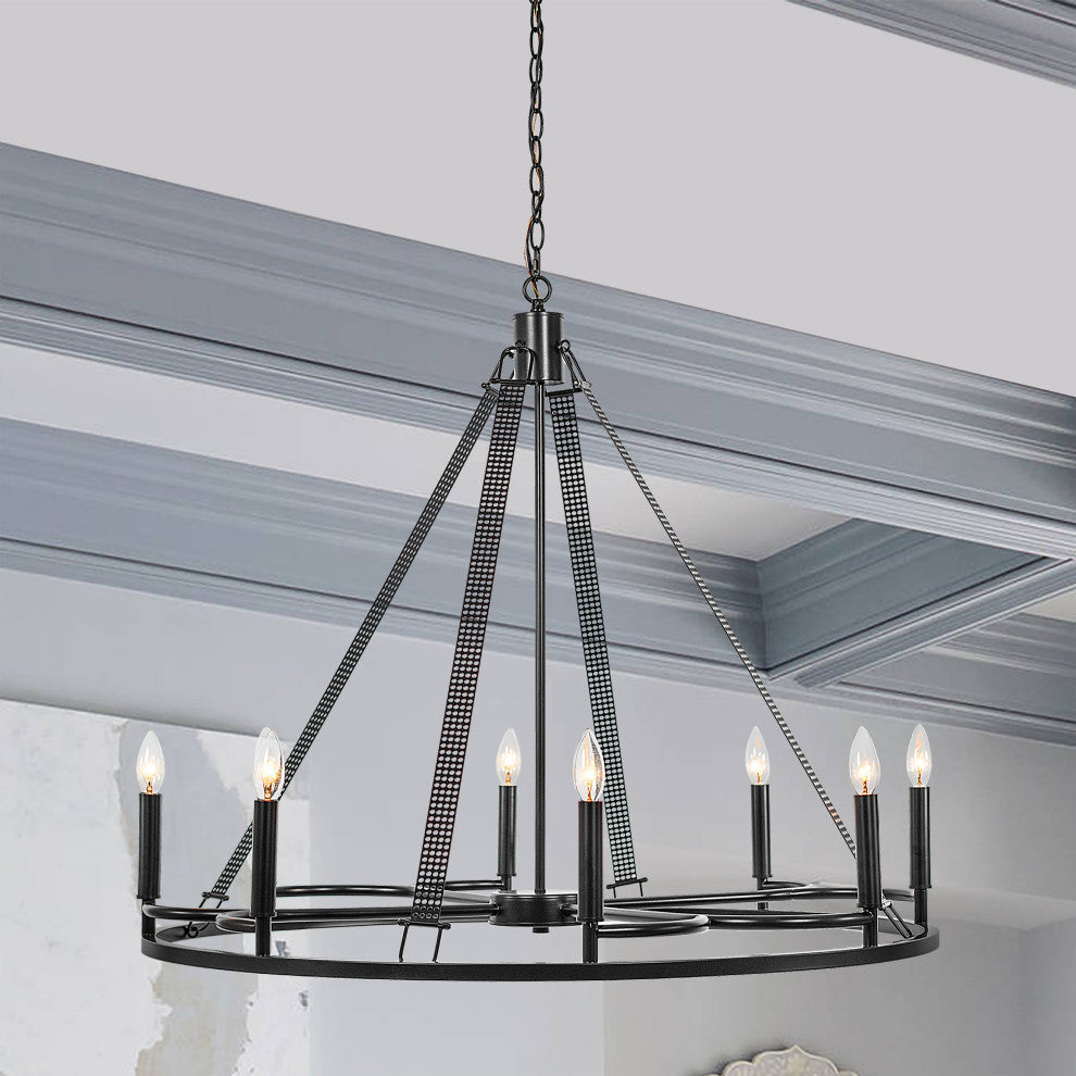 8 Light Wagon Wheel Candle Style Chandelier, Classic Black